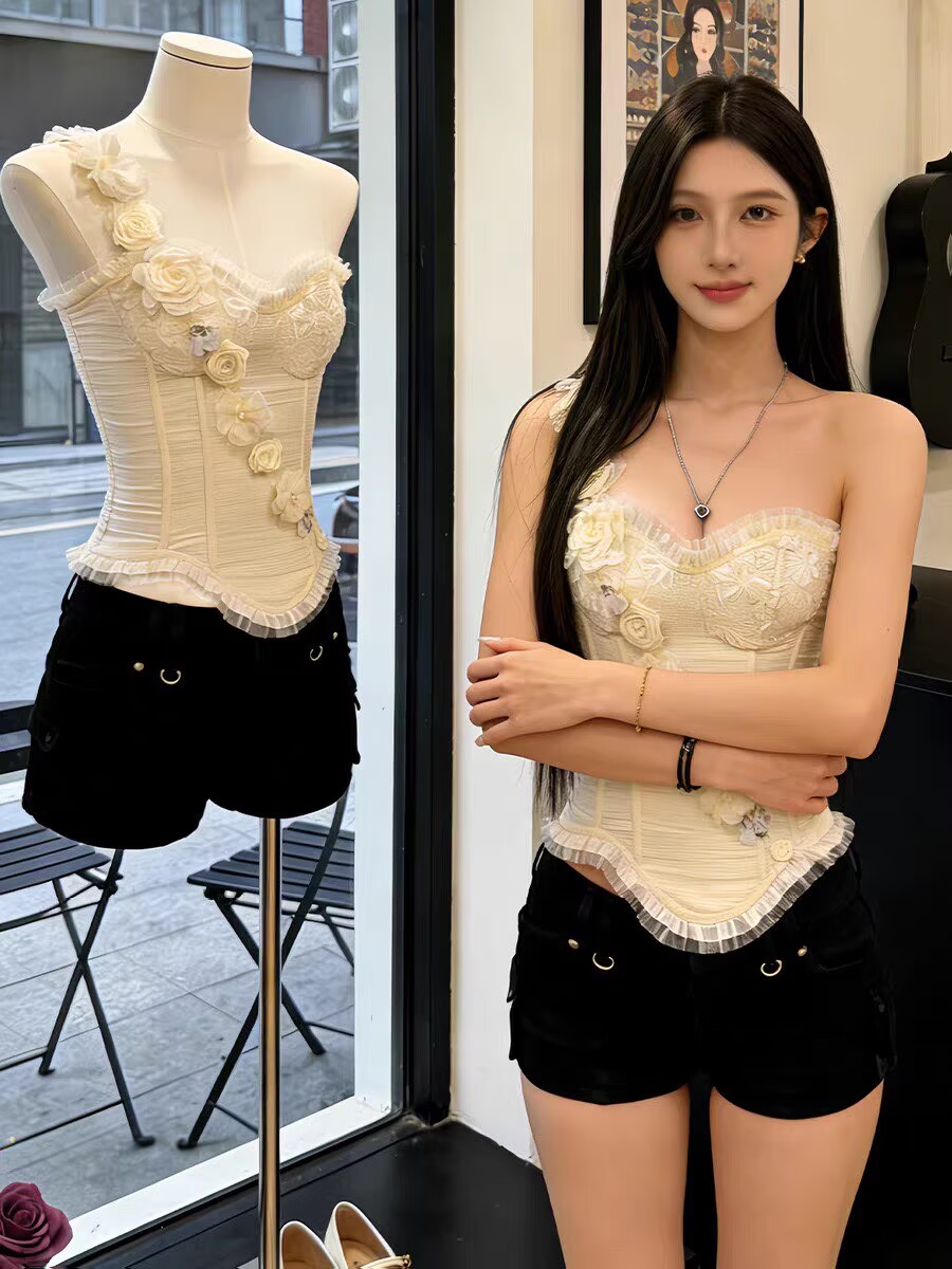 2026 섹시함 핫걸 숄더백 튜브탑 캐미솔 여름 몸매 가꾸기 슬림해 보이는 불규칙 3 차원 꽃 맨위