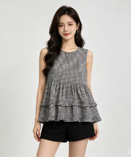 2026 한 라운드 넥 민소매 작은 정사각형 체크무늬 여성 셔츠 한국 스타일 루즈핏 풀오버 센 부서 문예 조끼