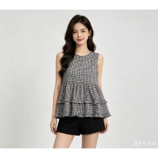 批发2026韩圆领无袖小方格子<b class='q'>衬衫</b>女韩版宽松套头森系文艺背心