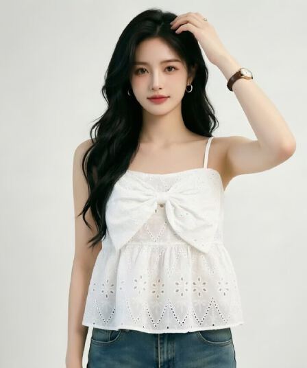 2026 프랑스식 홀로우 아웃 자수 나비 매듭 캐미솔 인사이드 가져 가라. 여름 외출용 순수한 욕망 핫걸 민소매 맨위