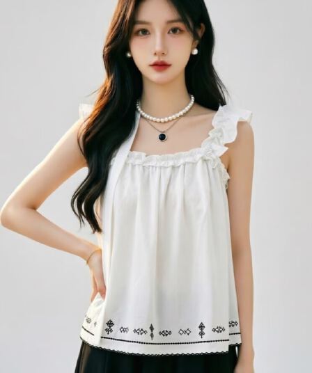 달콤함 프릴 패치워크 Feifei 소매 캐미솔 여름 2026 패션 루즈핏 연령 감소 학원 스타일 인형 셔츠