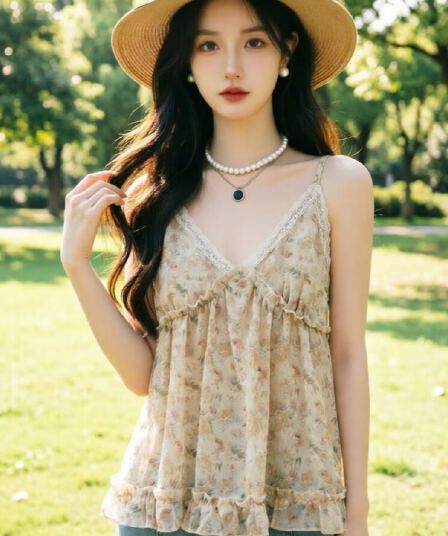 부드러운 바람 달콤함 레이스 조각 V넥 꽃무늬 캐미솔 여름 2026 프릴 루즈핏 연령 감소 맨위