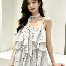 批发韩系漂亮小<b class='q'>吊带</b>背心女夏外穿2026新款荷叶边飘带法式波点无袖上衣