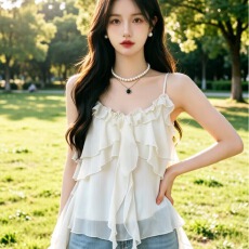 批发韩系chic设计感木耳边杏色<b class='q'>吊带</b>背心女夏2026新款飘带宽松无袖上衣