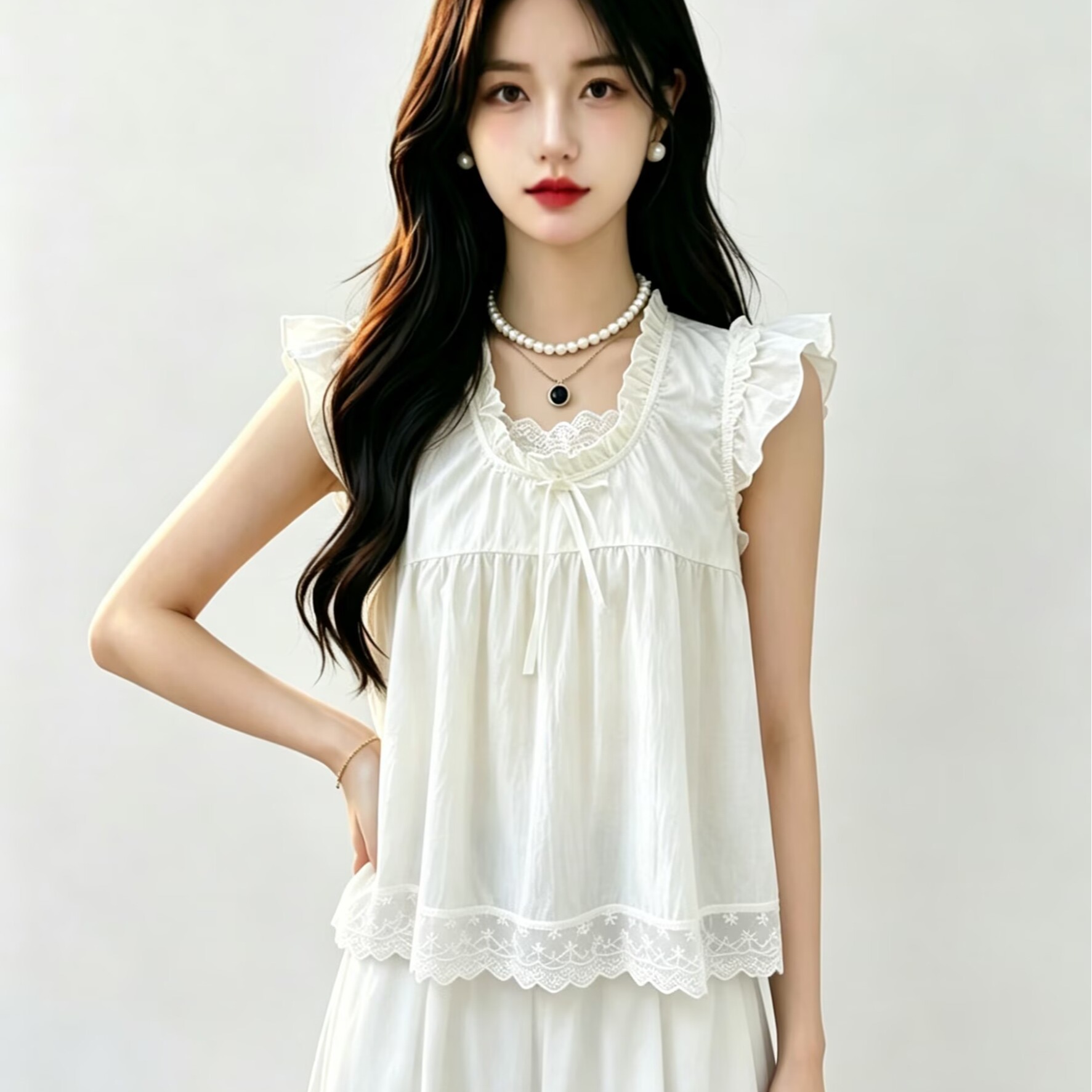 달콤함 레이스 조각 페이크 레이어드 레이스 칼라 Feifei 소매 여성 셔츠 여름 2026 나비 넥타이 인형 셔츠
