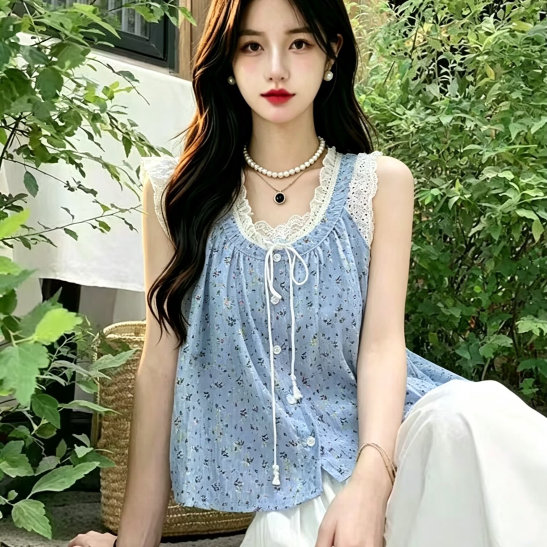 2026 여름 한 부서 연령 감소 레이스 조각 페이크 레이어드 조끼 작은 셔츠 여성 프랑스식 품격 디자인