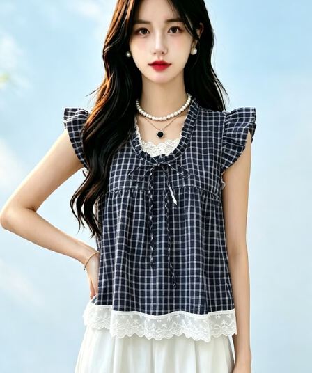 한 부서 페이크 레이어드 체크무늬 작은 날다 소매 여성 셔츠 2026 여름 목이버섯 레이스 연령 감소 인형 셔츠 조끼 맨위