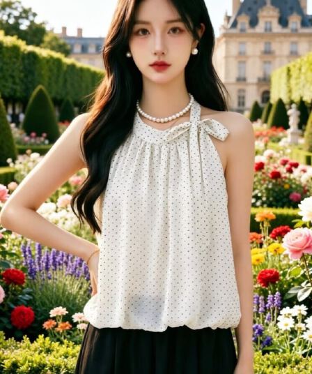 한 부서 디자인 센스 도트 무늬 행침 목 레이스업 오프숄더 여성 셔츠 여름 2026 패션 연령 감소 루즈핏 꽃밭 맨위