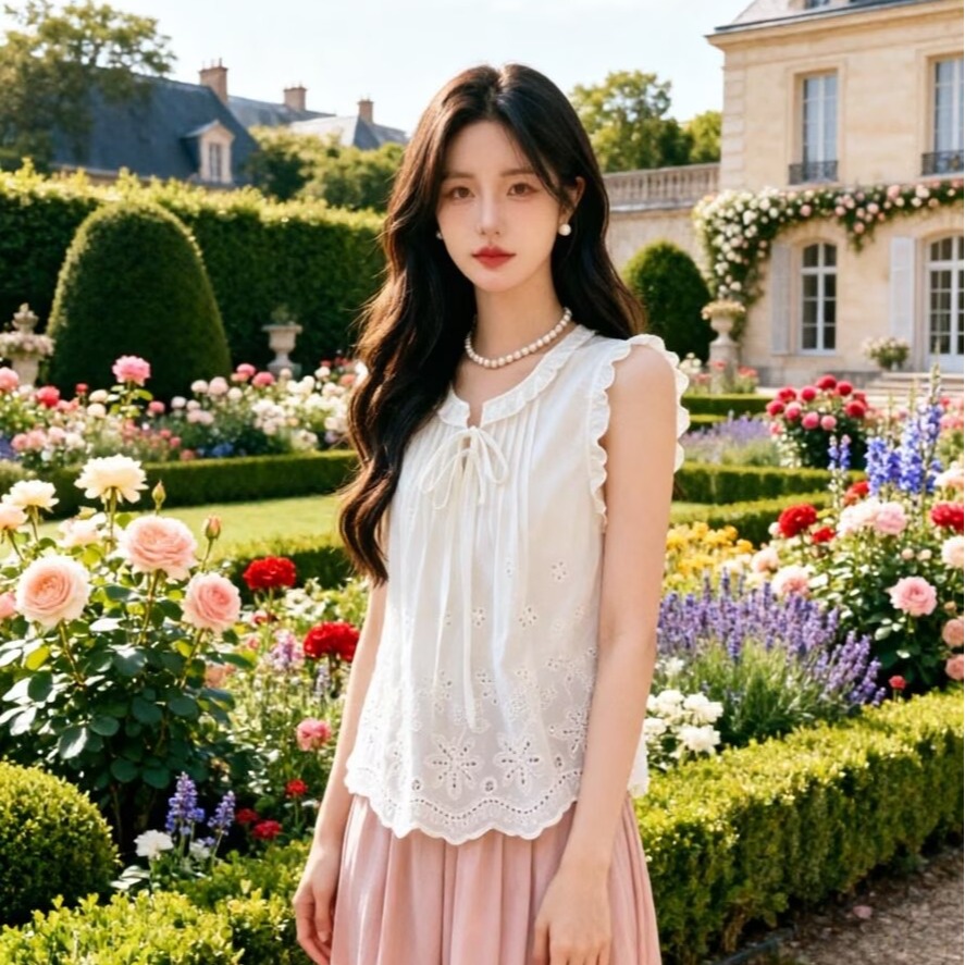 프랑스식 디자인 센스 민소매 홀로우 아웃 맨위 2026 여름 단색 라운드 넥 출퇴근 바람 품격 풀오버 Chic 작은 셔츠