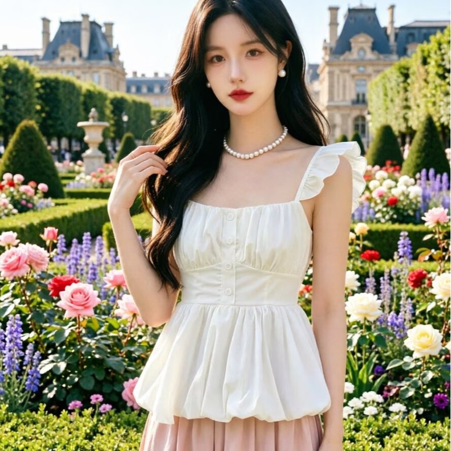 달콤함 소녀 바람 작은 날다 소매 꽃밭 캐미솔 여름 2026 프릴 주름 허리 수축 연령 감소 맨위