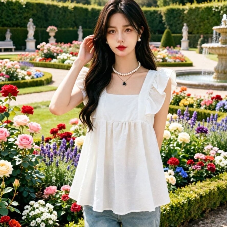 2026 달콤함 작은 청신 나비 넥타이 플리츠 프릴 맨위 여성 여름 프랑스식 광장 칼라 격자 무늬 셔츠