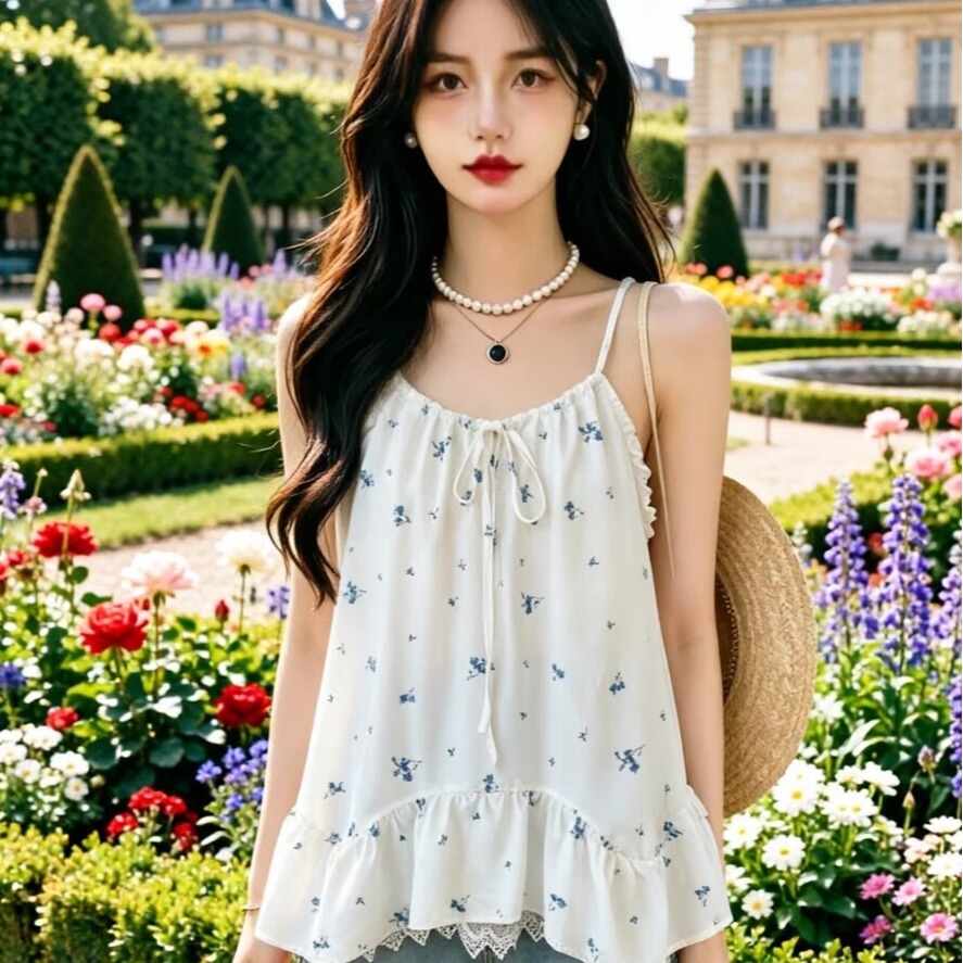 2026 부드러운 달콤한 자매 바람 레이스 레이스 밑단 캐미솔 여름 루즈핏 슬림해 보이는 꽃무늬 맨위