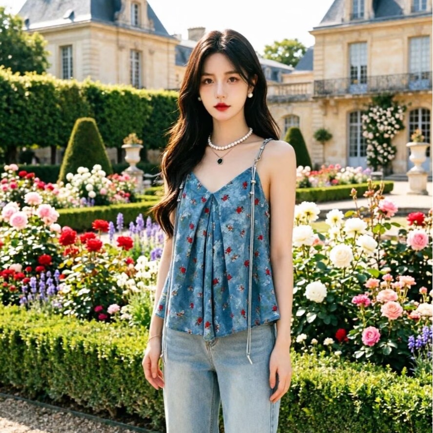 한 부서 분위기 센스 달콤한 매운맛 파란색 꽃무늬 캐미솔 여름 2026 주름 루즈핏 섹시함 백리스 맨위