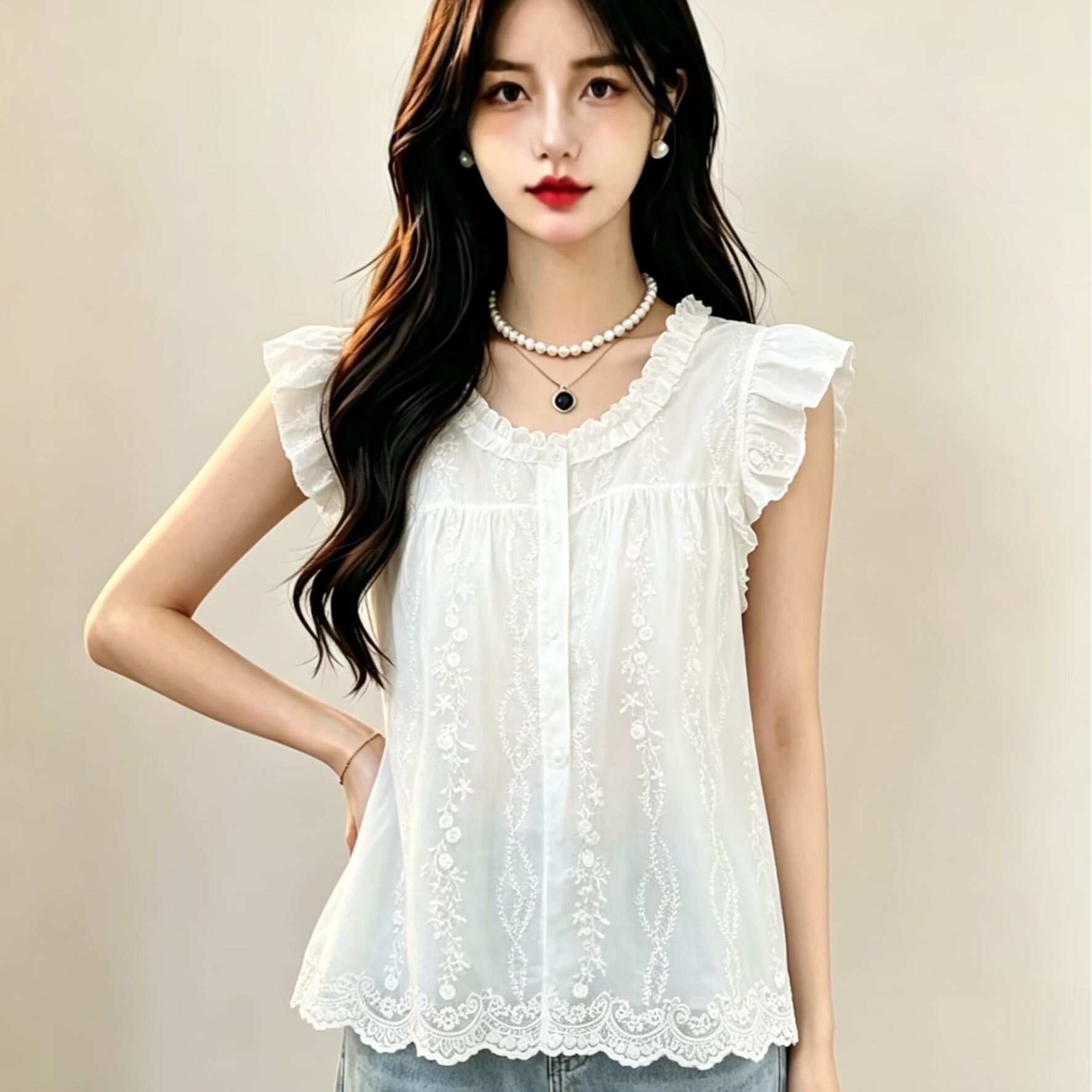 2026 Chic 조각 자수 프릴 라운드 넥 민소매 여성 셔츠 여름 외출용 루즈핏 작은 Feifei 소매 맨위