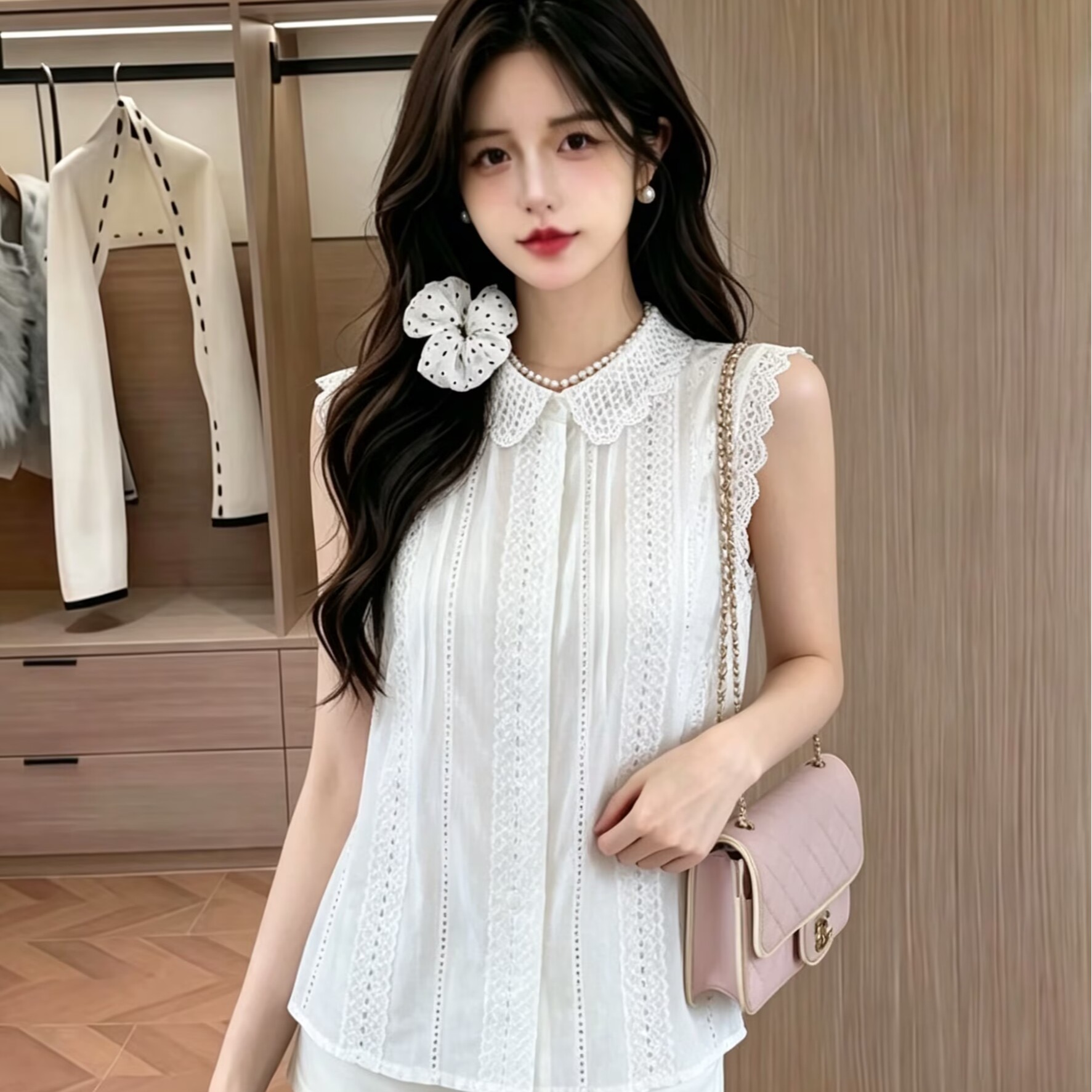 2026 프랑스식 고급 센스 홀로우 아웃 자카드 폴로 칼라 맨위 여성 여름 작은 대중 디자인 루즈핏 슬림해 보이는 화이트 민소매