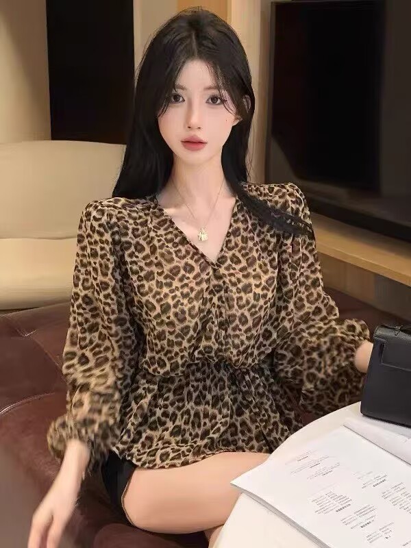 法式豹纹v领长袖衬衫女秋季新款...