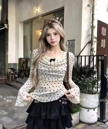 2026 하트 도트 무늬 홀치기 염색 긴팔 여성 가을 순수한 욕망 핫걸 맨위 레이스 기본 셔츠 인사이드 가져 가라. 자이언트 잘 생긴