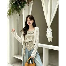 批发2026早秋新款韩系百搭长袖开衫+内搭条纹<b class='q'>吊带</b><b class='q'>背心</b>时尚洋气两件套