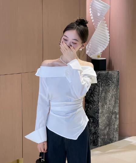 보트넥 오프숄더 긴팔 만나는 화이트 여성 셔츠 봄 가을 빅 사이즈 지방 mm 슬림해 보이는 꼬집기 허리 불규칙 리본 맨위
