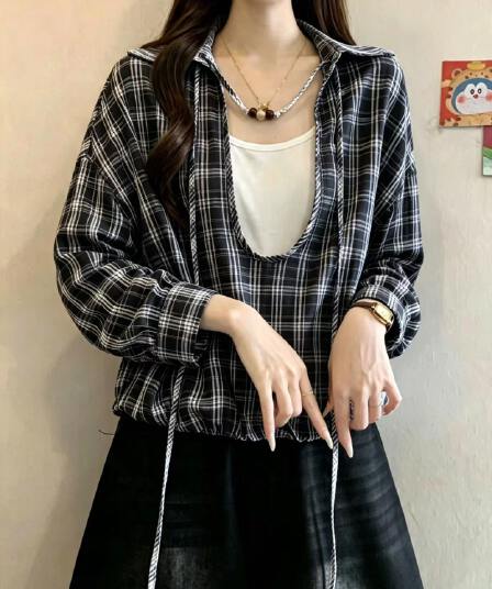 2026 빅 사이즈 한 부서 Chic 비즈 체크무늬 페이크 레이어드 반팔 여성 셔츠 가을 루즈핏 표지 고기 다용도 맨위