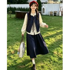 大码女装2026秋季韩系碎花衬衫学院风复古背心马甲半身裙三件套潮