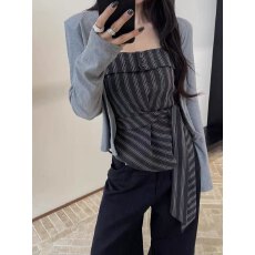 批发2026复古条纹吊带套装女秋季设计感<b class='q'>不规则</b>绑带内搭针织开衫两件套