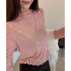批发木耳边轻薄波点植绒网纱长袖T恤女2026秋季新款甜美亲肤内搭上衣