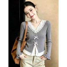批发甜美少女风蝴蝶结<b class='q'>蕾丝</b>V领木耳边假两件长袖t恤女秋季新款打底衫女