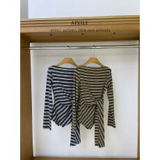 批发不规则系带收腰条纹打底衫女秋季<b class='q'>大码</b>胖妹妹韩版气质遮肉显瘦上衣