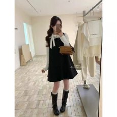 批发秋冬新款<b class='q'>甜美</b>简约一整套系带打底长袖上衣蝴蝶结花苞纽扣裙子套装