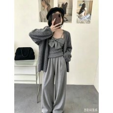 批发韩系温柔风宽松软糯毛衣外套女秋冬2026<b class='q'>甜美</b>蝴蝶结吊带背心三件套