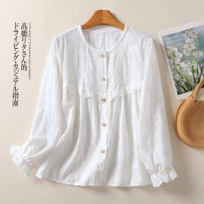 批发春秋<b class='q'>大码</b>女装文艺森系棉麻刺绣衬衫简约钩花清新百搭减龄长袖上衣