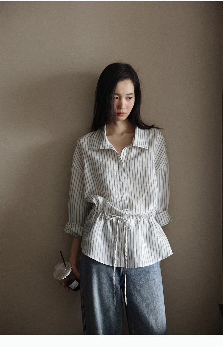 lalaglow 여유롭게 일상 한 부서 품격 펌프 로프 허리 수축 슬림해 보이는 스트라이프 여성 셔츠 이른 봄