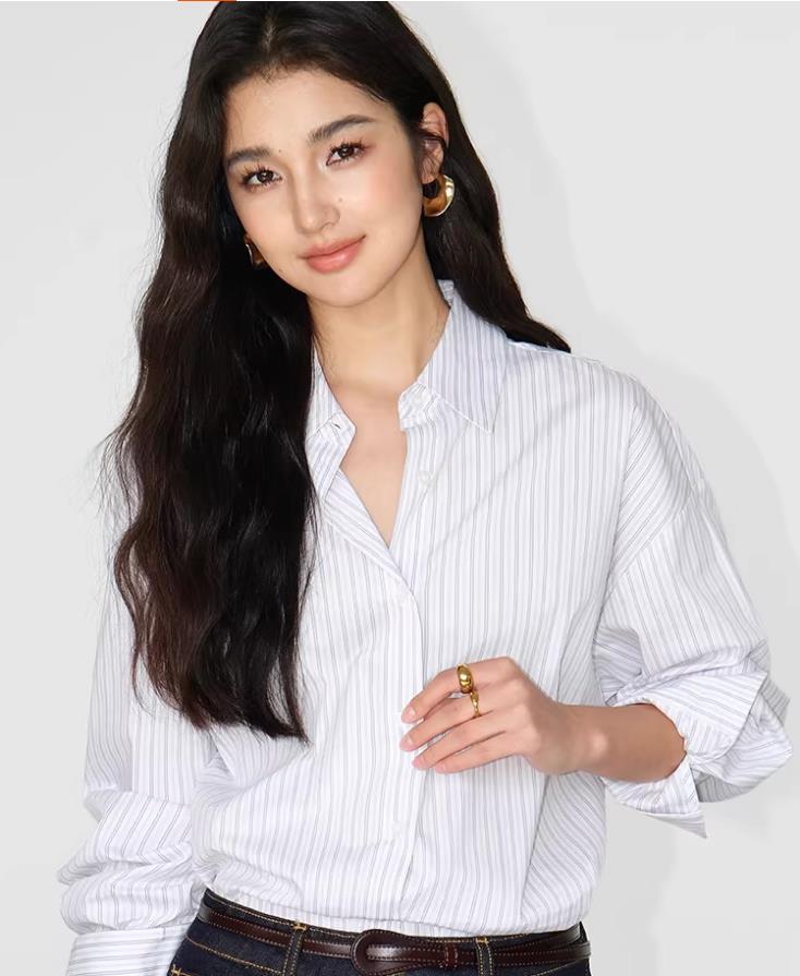 neva hu 소금 부서 스트라이프 셔츠 느긋한 바람 루즈핏 캐주얼 셔츠 여성 봄 가을 긴팔 출퇴근 재킷