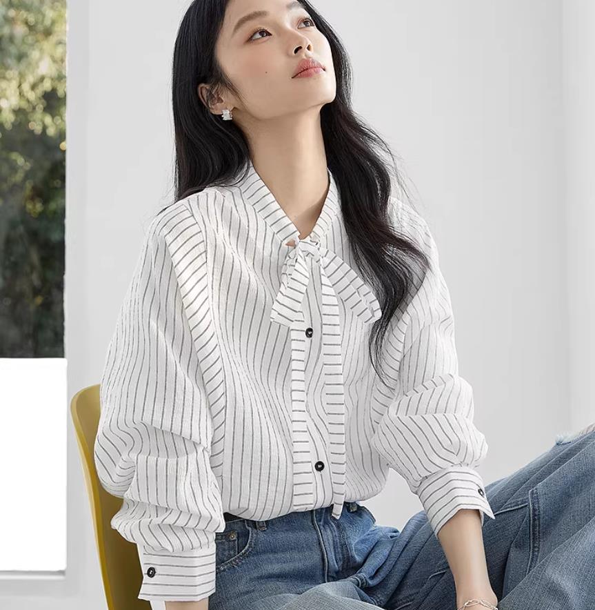 대화 라이 경기 서울 리본 스트라이프 여성 셔츠 2026 봄 새로운 질감 센스 품격 우아함 인사이드 가져 가라. 긴팔 셔츠