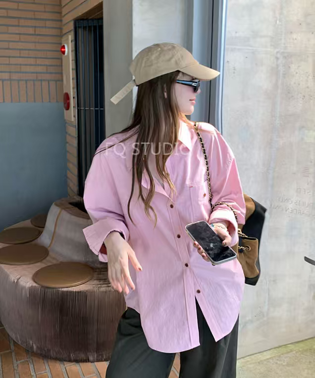 im ~까지 세부 사항 전체 작은 프로필 모양 배색 맨위 여성 단추 느긋한 센스 긴팔 셔츠