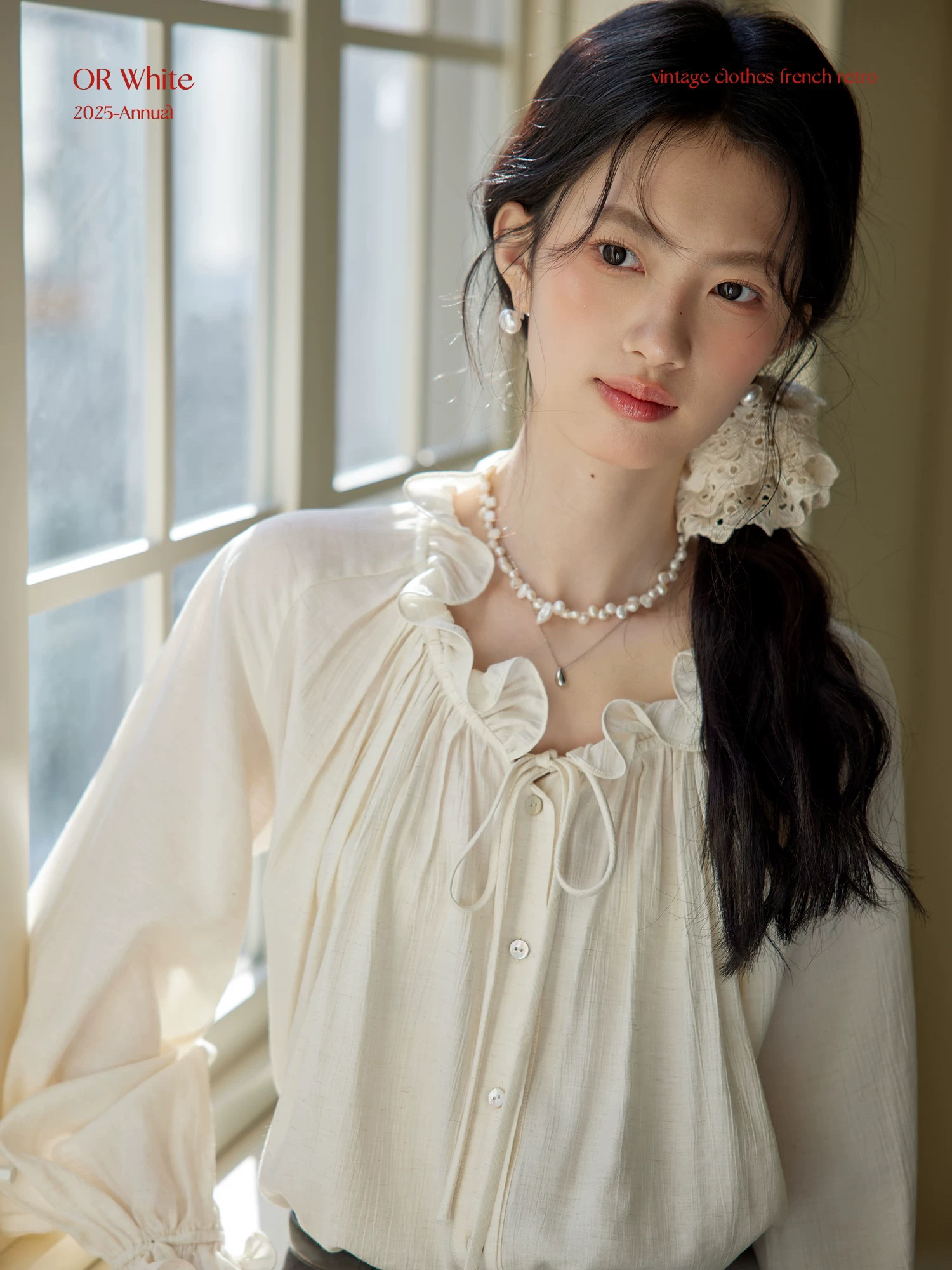 orwhite 프랑스식 레트로 V넥 목이버섯 레이스 레이스업 나팔 소매 여성 셔츠 디자인 센스 슬림해 보이는 품격