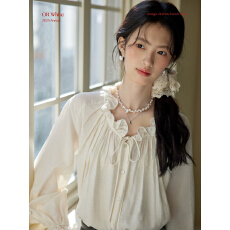 批发ORWhite 法式复古V领木耳花边系带<b class='q'>喇叭袖</b>衬衫女设计感显瘦气质