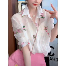 批发法式碎花设计感镶钻刺绣<b class='q'>衬衫</b>女2026春夏新款时尚气质减龄防晒上衣