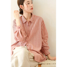 批发可然自留~190G色织砂洗亚麻 条纹衬衫长袖<b class='q'>开衫</b>衬衣上衣女可然言希
