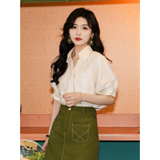 批发陈佳洁芝士奶冻<b class='q'>复古</b>纯色短袖衬衫女夏季2026新款宽松别致上衣