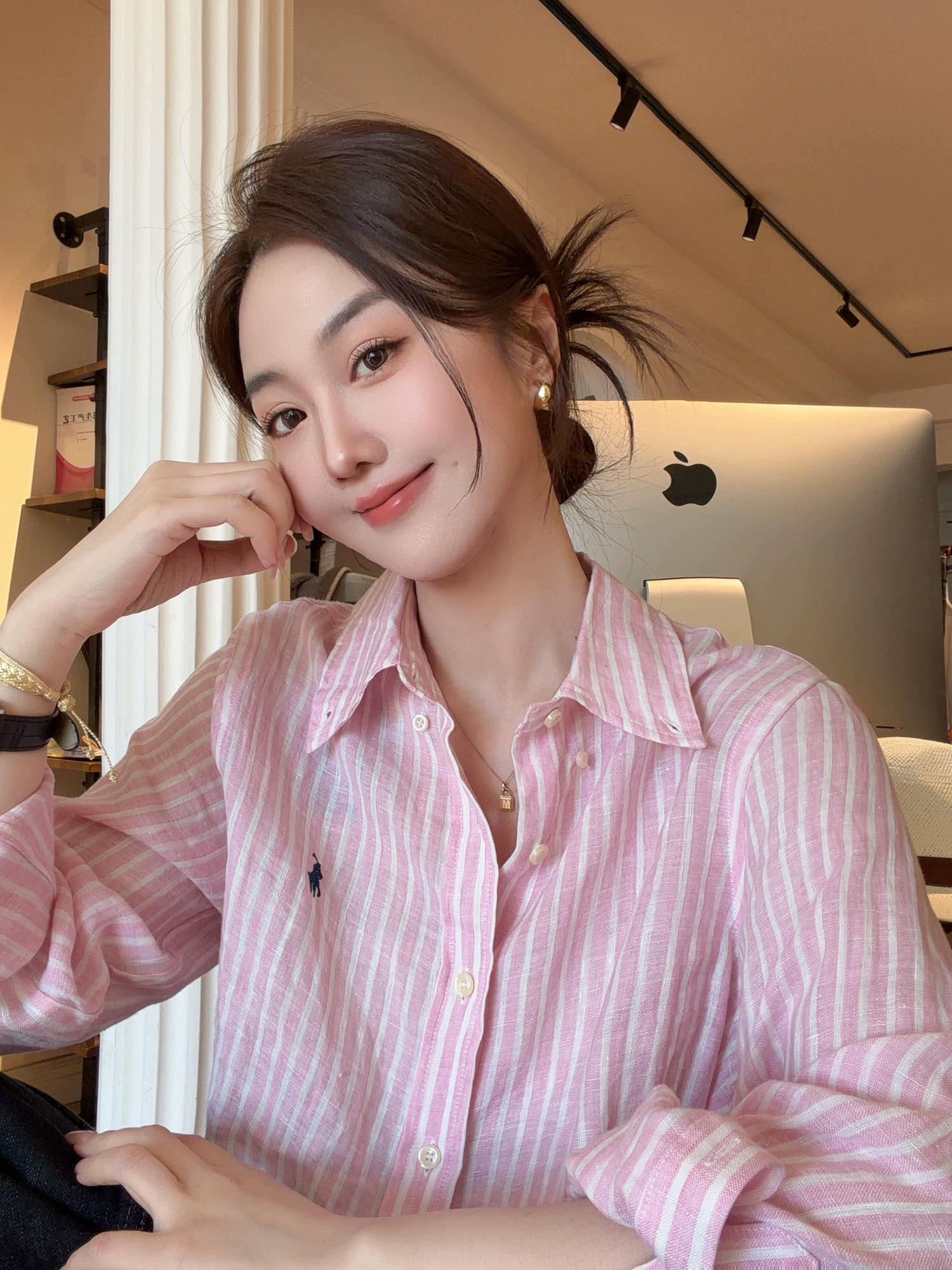카오 대 남자 휴가 디스플레이 화이트 핑크색 스트라이프 아마 셔츠 여성 긴 소매 루즈핏 슬림해 보이는 잘 생긴 ~ 중 자외선 차단 셔츠