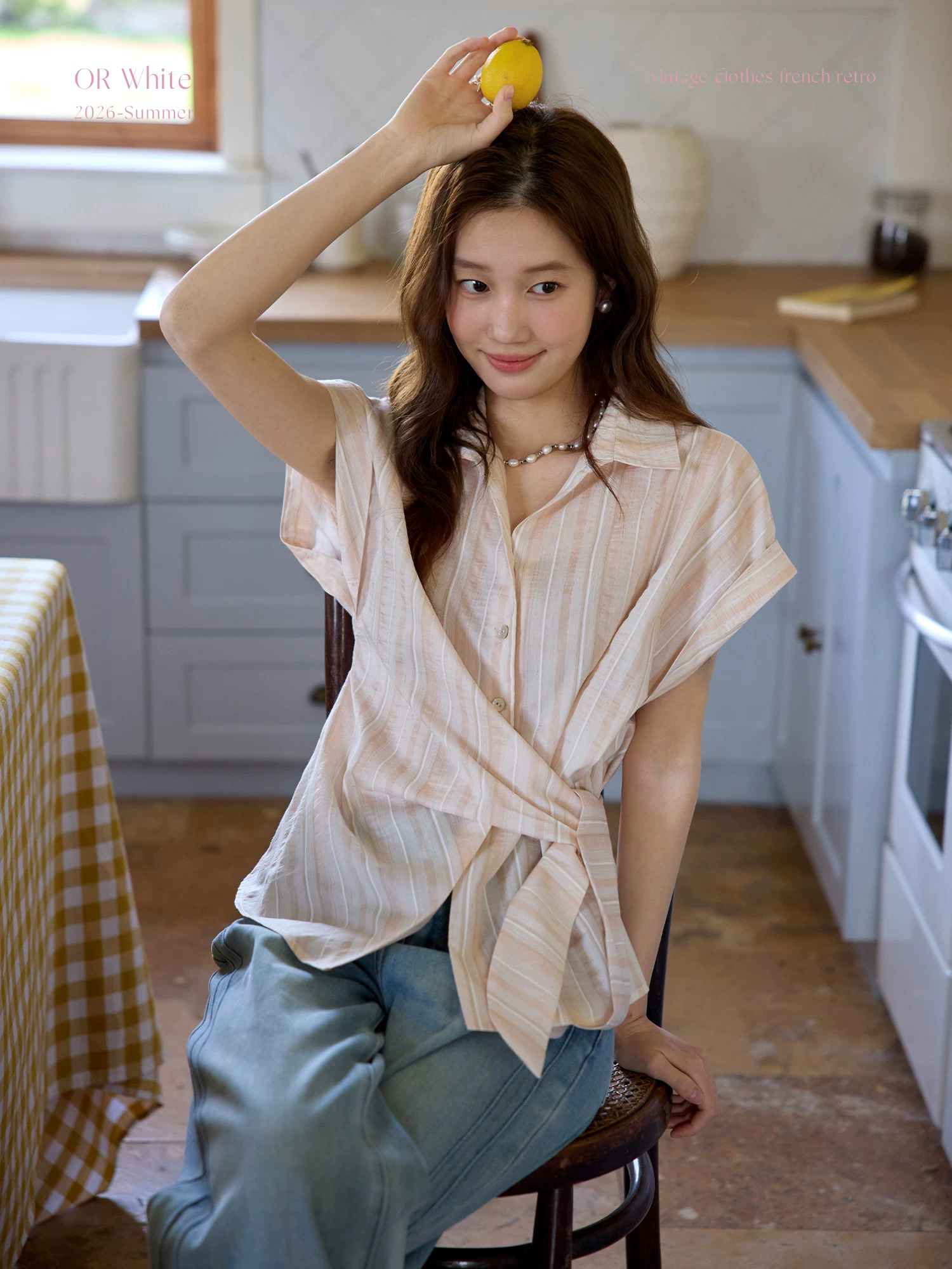 orwhite 프랑스식 레트로 여성 셔츠 여름 폴로 칼라 레이스업 파란색 세로 줄무늬 심지어 소매 루즈핏 슬림해 보이는 맨위