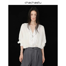 批发CHACHASTU 法式白色水溶蕾丝定位绣花V领长袖衬衫女秋薄款上衣