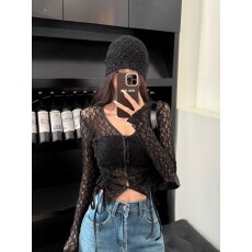 批发新款抽褶系带不对称<b class='q'>蕾丝</b>防晒开长袖镂空<b class='q'>罩衫</b>短款衫打底上衣