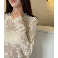 批发木耳边<b class='q'>蕾丝</b>内搭打底衫女新款早秋提花圆领T恤透视<b class='q'>罩衫</b>