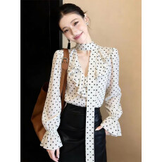 批发法式荷叶边V领波点衬衫女春季2026新款高端<b class='q'>雪纺衫</b><b class='q'>喇叭袖</b>长袖上衣