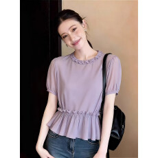 温柔韩系风紫色泡泡袖木耳边衬衫女2026春季新款收腰减龄气质上衣
