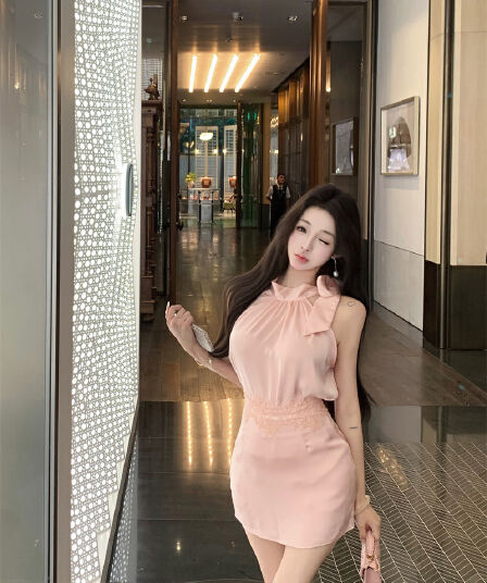 실사 유약 분말 세트 민소매 행침 목 맨위 하이웨이스트 한 마디 반신 스커트 플러스 레이스 허리 인감