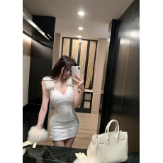 批发实拍~   <b class='q'>性感</b>深V毛领<b class='q'>连衣裙</b>女 时尚party提花小礼服